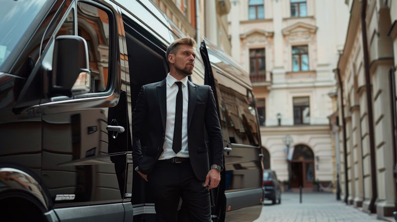 Chauffeur en costume devant son minbus 20 places 